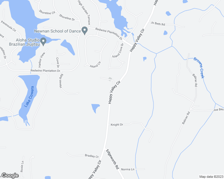 map of restaurants, bars, coffee shops, grocery stores, and more near Happy Valley Circle in Coweta County
