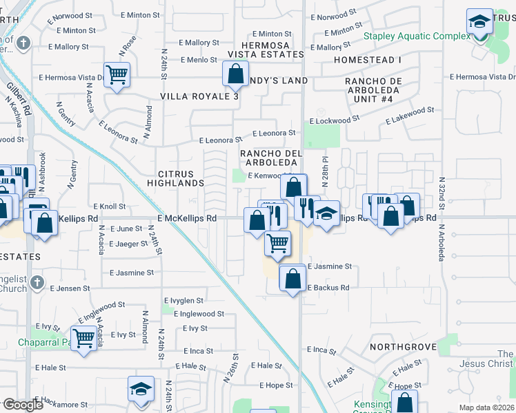 map of restaurants, bars, coffee shops, grocery stores, and more near 2650 East McKellips Road in Mesa