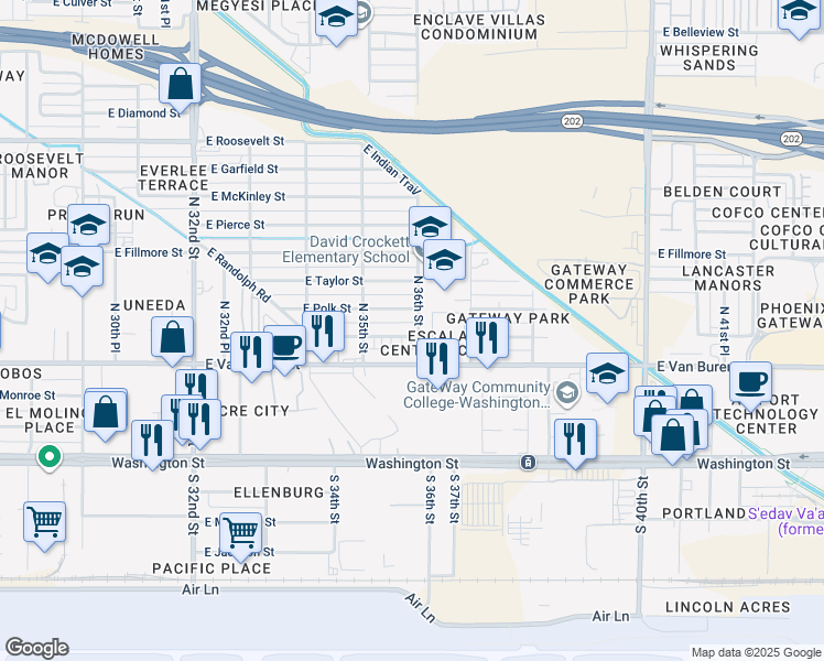map of restaurants, bars, coffee shops, grocery stores, and more near 3529 East Polk Street in Phoenix
