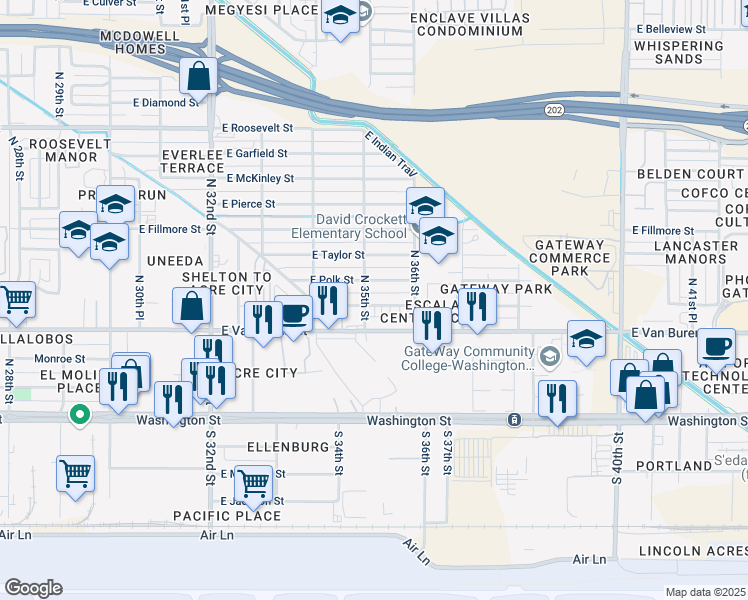 map of restaurants, bars, coffee shops, grocery stores, and more near 3449 East Polk Street in Phoenix