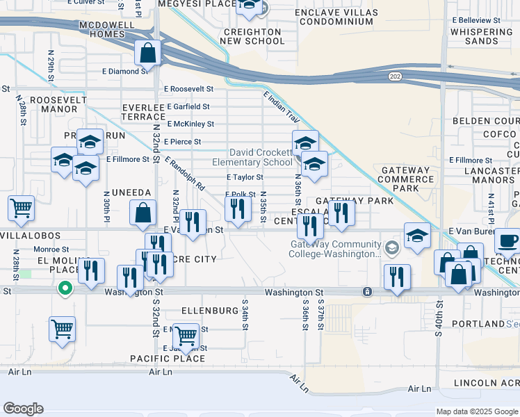 map of restaurants, bars, coffee shops, grocery stores, and more near 3449 East Polk Street in Phoenix