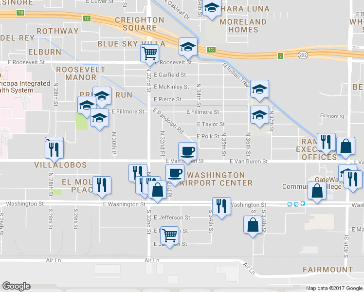 map of restaurants, bars, coffee shops, grocery stores, and more near 3330 East Van Buren Street in Phoenix