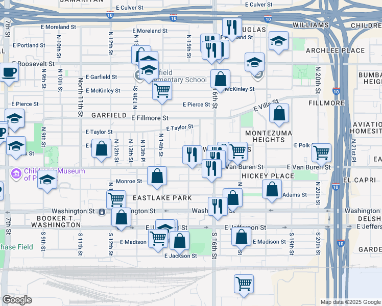 map of restaurants, bars, coffee shops, grocery stores, and more near 1450 East Polk Street in Phoenix