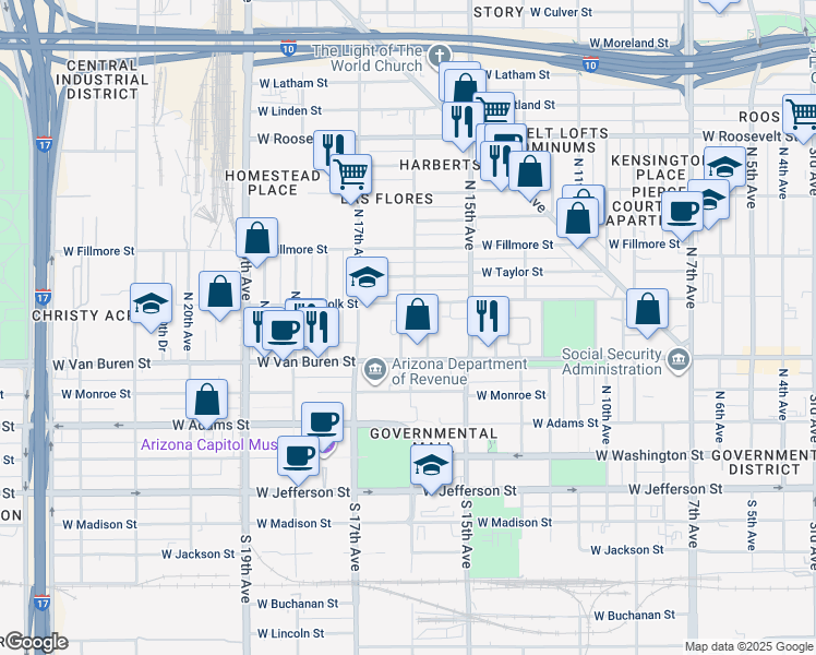map of restaurants, bars, coffee shops, grocery stores, and more near 1557 West Polk Street in Phoenix