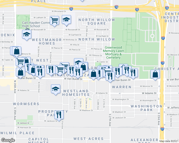 map of restaurants, bars, coffee shops, grocery stores, and more near 2825 West Polk Street in Phoenix