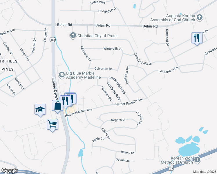 map of restaurants, bars, coffee shops, grocery stores, and more near 4529 Castle Rock Road in Augusta