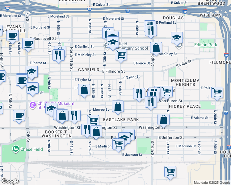 map of restaurants, bars, coffee shops, grocery stores, and more near 1336 East Polk Street in Phoenix