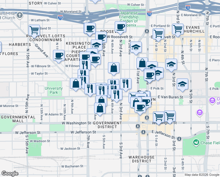 map of restaurants, bars, coffee shops, grocery stores, and more near 338 North 5th Avenue in Phoenix