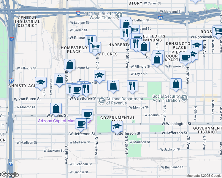 map of restaurants, bars, coffee shops, grocery stores, and more near 1557 West Polk Street in Phoenix