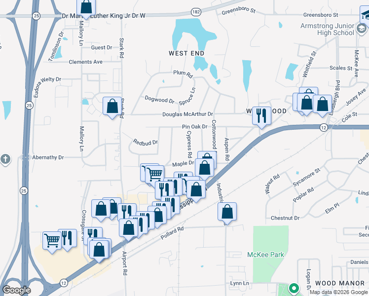 map of restaurants, bars, coffee shops, grocery stores, and more near 702 Ponderosa Drive in Starkville