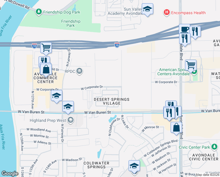 map of restaurants, bars, coffee shops, grocery stores, and more near 12011 West Roosevelt Street in Avondale