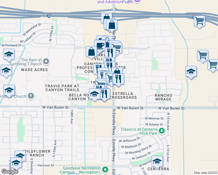 map of restaurants, bars, coffee shops, grocery stores, and more near 520 North Estrella Parkway in Goodyear