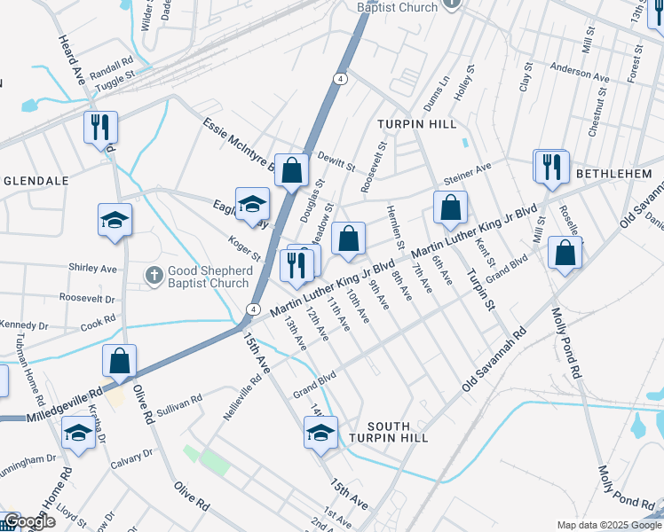 map of restaurants, bars, coffee shops, grocery stores, and more near 1730 Meadow Street in Augusta