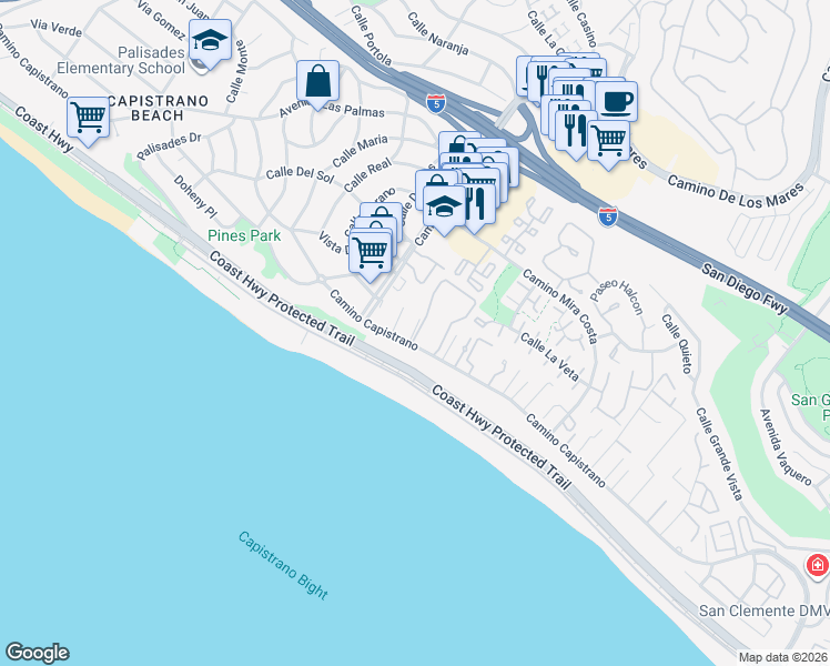 map of restaurants, bars, coffee shops, grocery stores, and more near 27062 Mill Pond Road in Dana Point