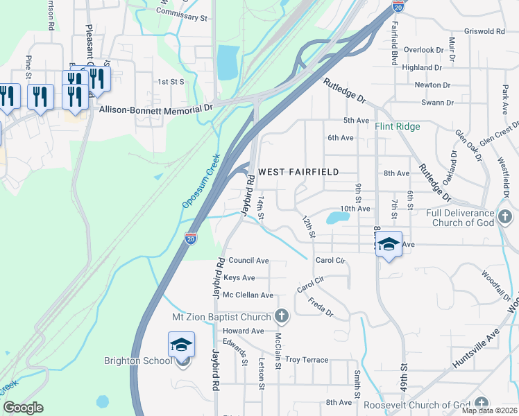 map of restaurants, bars, coffee shops, grocery stores, and more near 14th Street in Birmingham