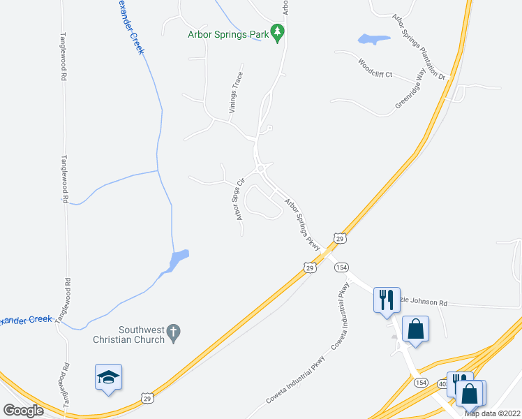 map of restaurants, bars, coffee shops, grocery stores, and more near 190 Arbor Garden Circle in Newnan