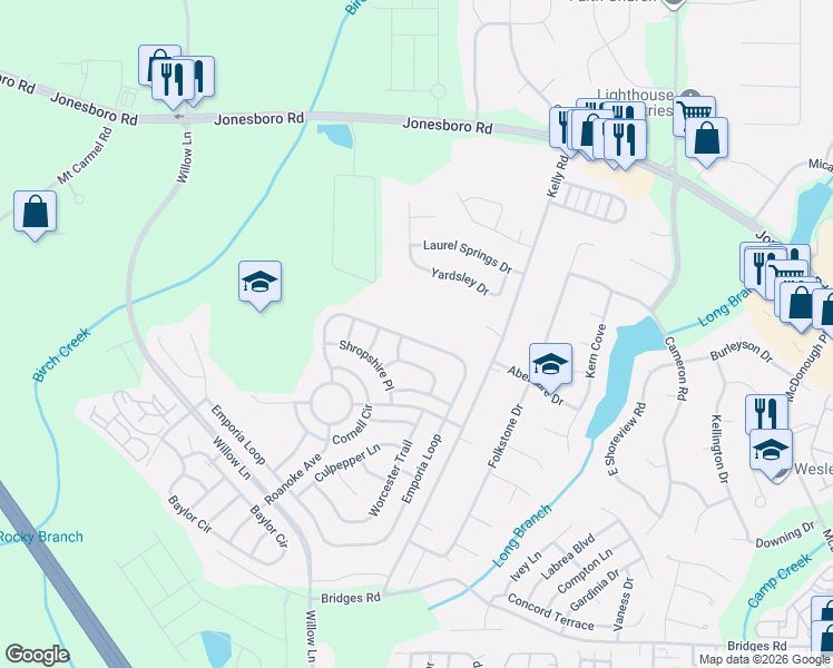 map of restaurants, bars, coffee shops, grocery stores, and more near 293 Emporia Loop in McDonough