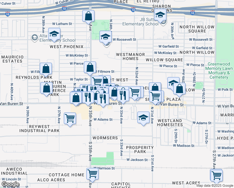map of restaurants, bars, coffee shops, grocery stores, and more near 3312 West Polk Street in Phoenix