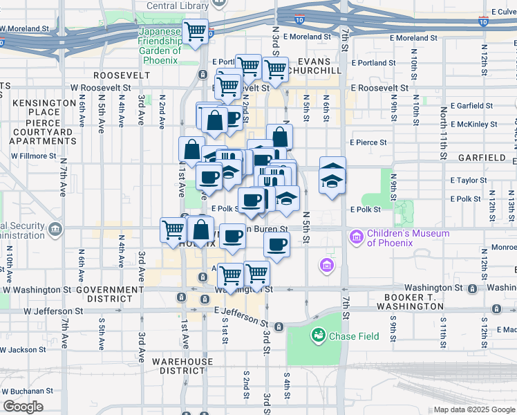 map of restaurants, bars, coffee shops, grocery stores, and more near 340 North 3rd Street in Phoenix