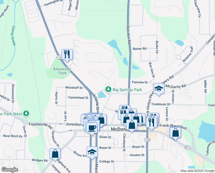 map of restaurants, bars, coffee shops, grocery stores, and more near 66 Veterans Drive in McDonough