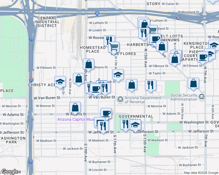 map of restaurants, bars, coffee shops, grocery stores, and more near 337 North 17th Drive in Phoenix