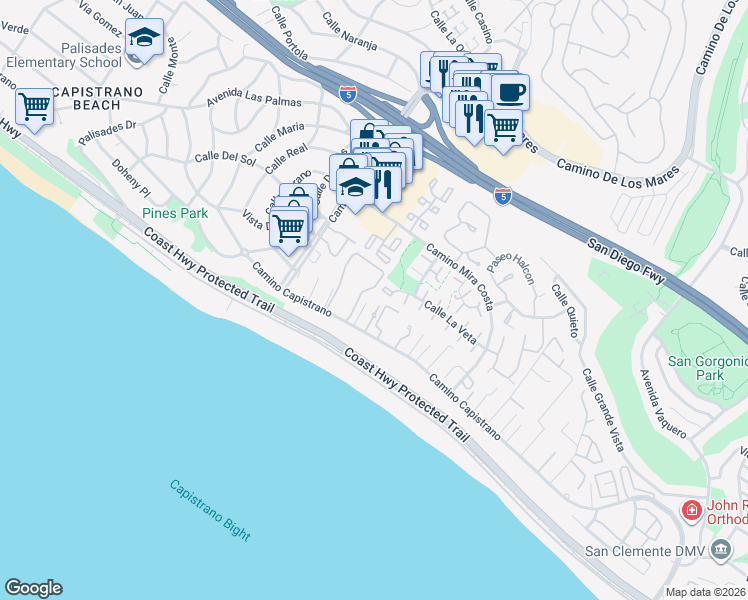 map of restaurants, bars, coffee shops, grocery stores, and more near 3441 Calle La Veta in San Clemente