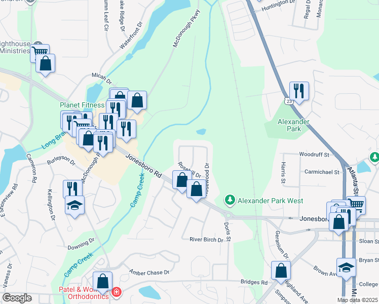 map of restaurants, bars, coffee shops, grocery stores, and more near 20 Rosebud Lane in McDonough