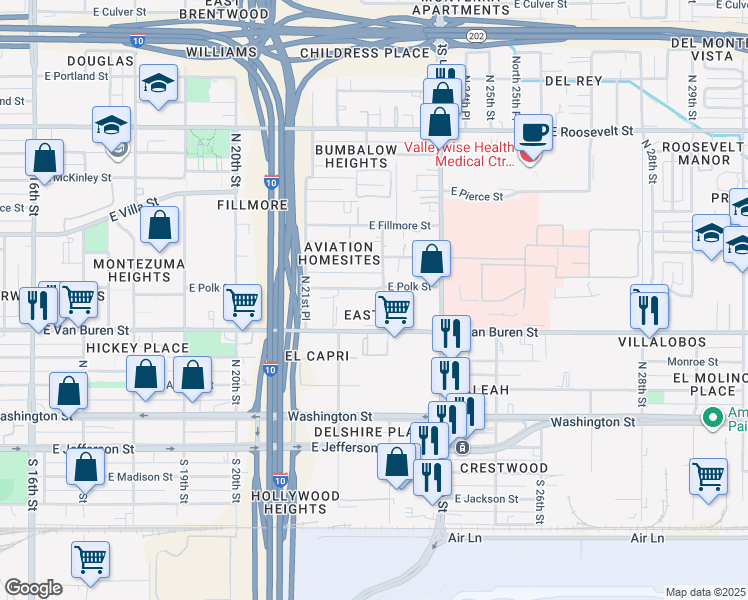 map of restaurants, bars, coffee shops, grocery stores, and more near 2226 East Polk Street in Phoenix