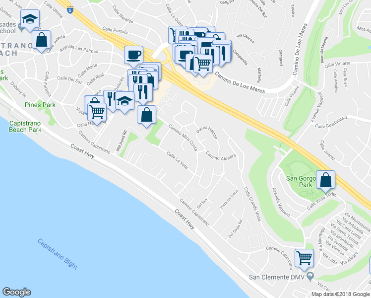 map of restaurants, bars, coffee shops, grocery stores, and more near 376 Calle Borrego in San Clemente