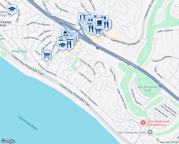 map of restaurants, bars, coffee shops, grocery stores, and more near 376 Calle Borrego in San Clemente