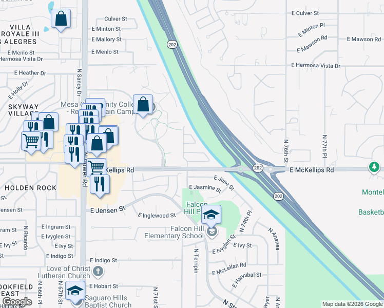 map of restaurants, bars, coffee shops, grocery stores, and more near 7229 East Kenwood Street in Mesa