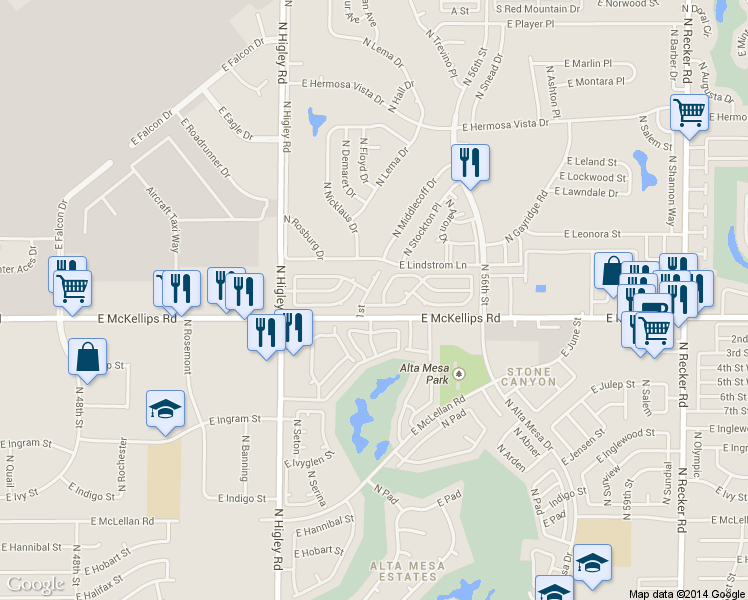 map of restaurants, bars, coffee shops, grocery stores, and more near 1st in Mesa