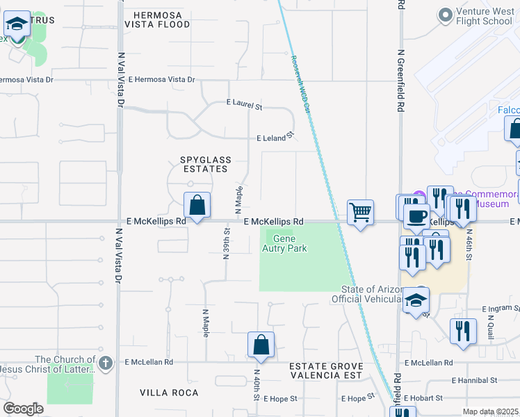 map of restaurants, bars, coffee shops, grocery stores, and more near 4004 East McKellips Road in Mesa