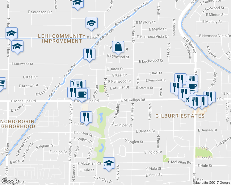 map of restaurants, bars, coffee shops, grocery stores, and more near 1503 East Kramer Street in Mesa