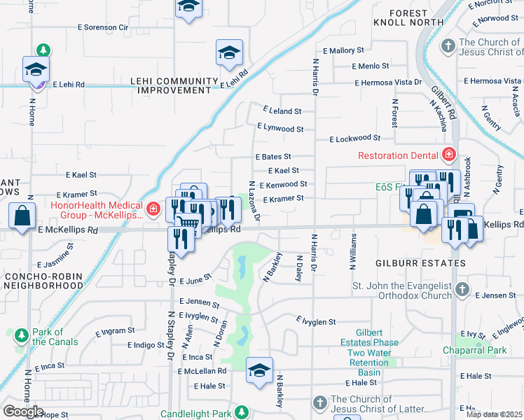 map of restaurants, bars, coffee shops, grocery stores, and more near 1416 East Kramer Street in Mesa