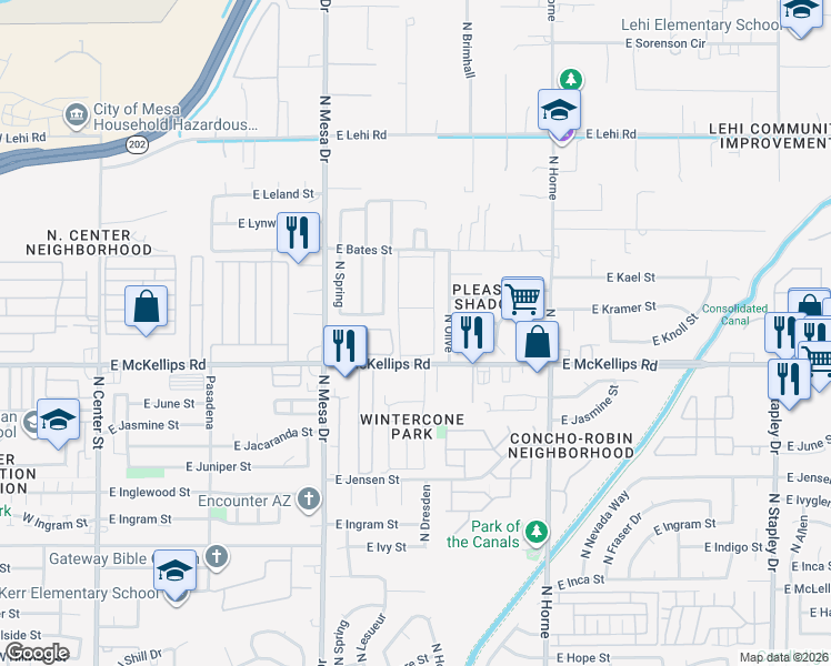 map of restaurants, bars, coffee shops, grocery stores, and more near 550 East McKellips Road in Mesa