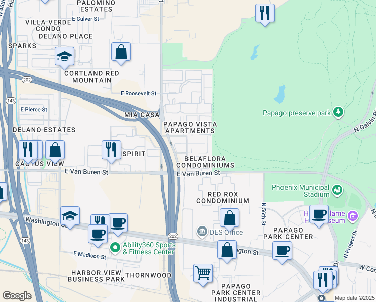 map of restaurants, bars, coffee shops, grocery stores, and more near 425 North 53rd Street in Phoenix