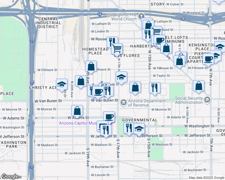 map of restaurants, bars, coffee shops, grocery stores, and more near 337 North 17th Drive in Phoenix