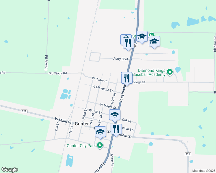 map of restaurants, bars, coffee shops, grocery stores, and more near 307 West Cedar Street in Gunter