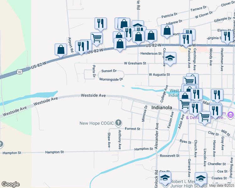 map of restaurants, bars, coffee shops, grocery stores, and more near 512 Westside Avenue in Indianola
