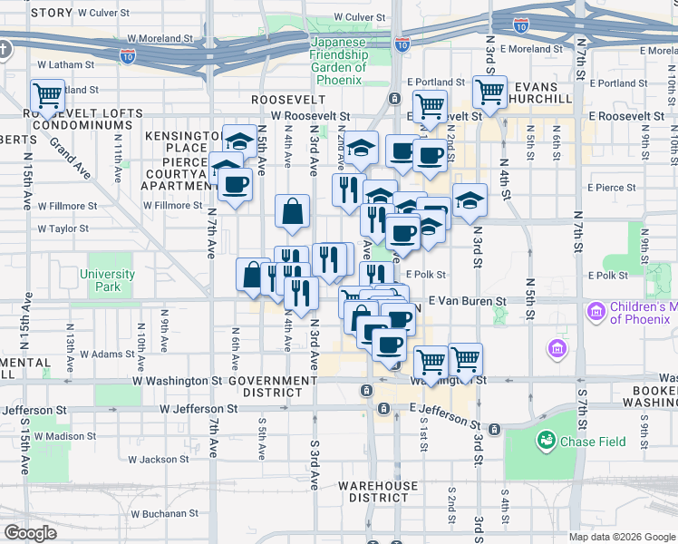map of restaurants, bars, coffee shops, grocery stores, and more near 330 North 2nd Avenue in Phoenix
