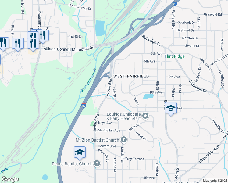 map of restaurants, bars, coffee shops, grocery stores, and more near 14th Street in Birmingham