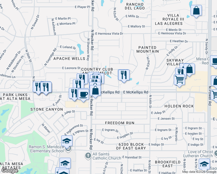 map of restaurants, bars, coffee shops, grocery stores, and more near 6202 East McKellips Road in Mesa