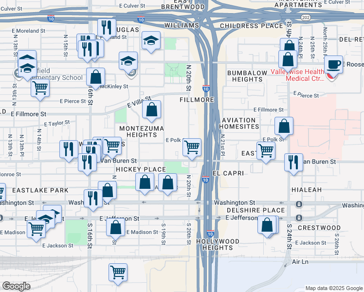 map of restaurants, bars, coffee shops, grocery stores, and more near 1925 East Polk Street in Phoenix
