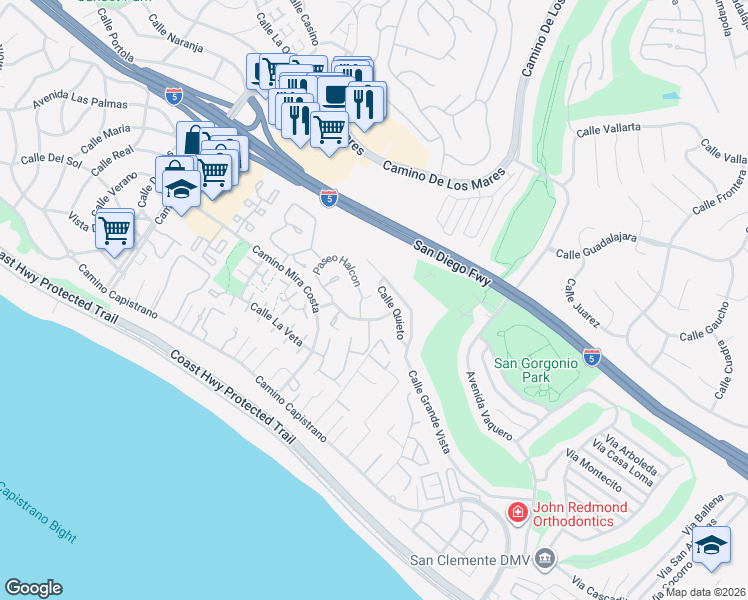 map of restaurants, bars, coffee shops, grocery stores, and more near 3211 Calle Quieto in San Clemente