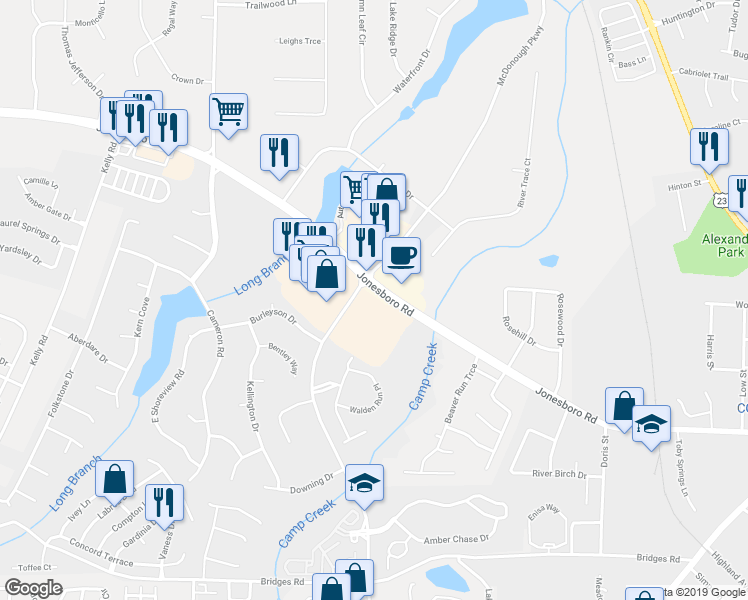 map of restaurants, bars, coffee shops, grocery stores, and more near 265 Jonesboro Road in McDonough