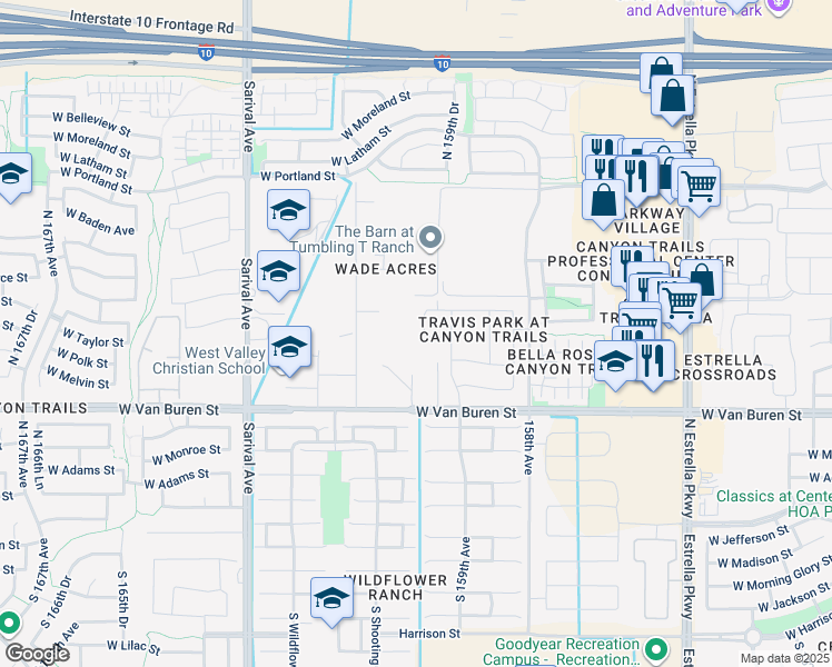 map of restaurants, bars, coffee shops, grocery stores, and more near 482 North 159th Lane in Goodyear