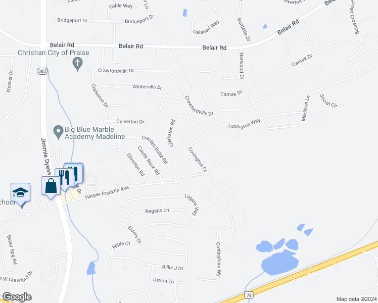 map of restaurants, bars, coffee shops, grocery stores, and more near 3417 Covington Court in Augusta