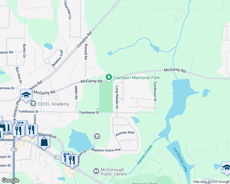 map of restaurants, bars, coffee shops, grocery stores, and more near 220 Long Needle Drive in McDonough