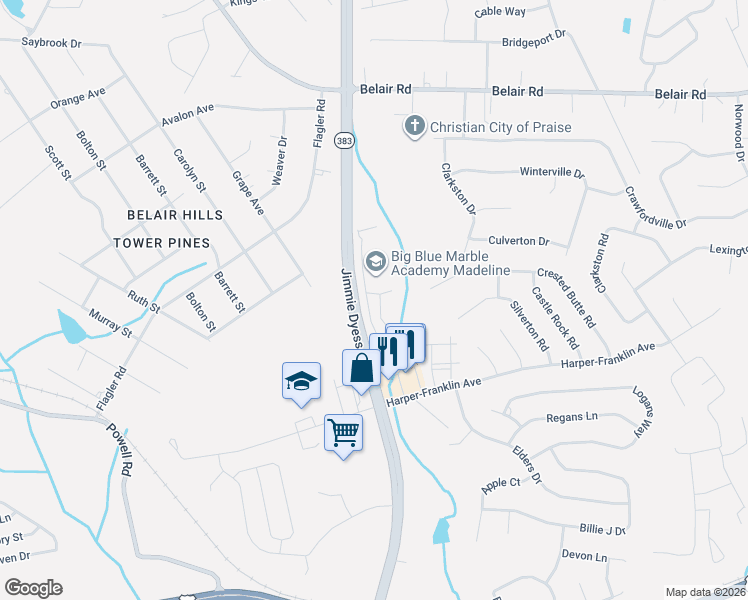 map of restaurants, bars, coffee shops, grocery stores, and more near 4120 Madeline Drive in Augusta
